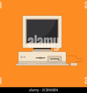 Old PC with monitor keyboard and mouse in flat style. Retro computer. Nostalgia for 1990s Stock Vector