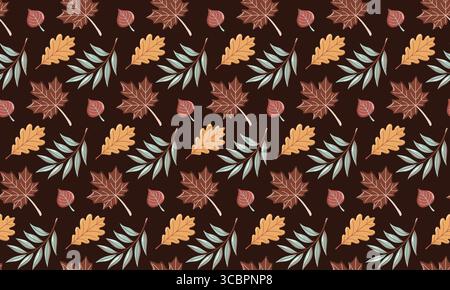 Seamless autumn pattern with fall leaves and pastel blue twigs. Vector foliage on dark background Stock Vector