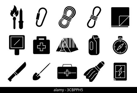 A collection of essential camping gear and safety equipment icons designed in black silhouette style, perfect for outdoor activities, survival kits, a Stock Vector