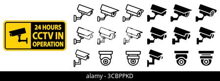 This set features various CCTV camera icons alongside a clear warning sign. Ideal for security, technology, and safety projects, these graphics enhanc Stock Vector