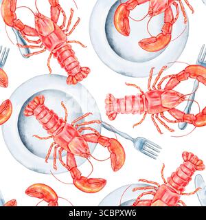 Seamless watercolor pattern with bright red lobsters, silver cutlery, and white plates on a clean background. Perfect for seafood-themed fabric prints Stock Photo