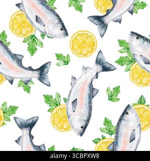 Seamless watercolor pattern with fresh salmon fish, lemon slices, and parsley on a white background. Perfect for seafood restaurant branding, menu des Stock Photo