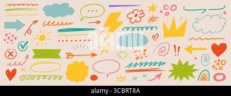 Brush chalk element set. Hand drawn arrow, speech bubble, crayon highlight frame, check mark and comic talk sketch. Blackboard brush chalk texture stroke for kid text elements. Vector illustration Stock Vector