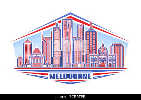 Vector illustration of Melbourne, horizontal decorative sign with linear design melbourne city scape on day sky background, urban line art concept wit Stock Vector