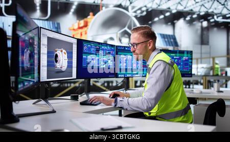 Man Designs And Develops Satellite 3D Model On Computer Monitor. Highly Skilled Engineer Working Stock Photo