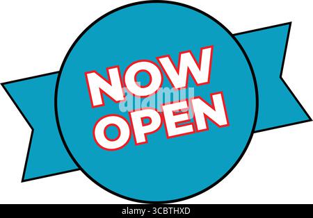 Open Now Announcement Round Sticker Colorful Circle Label Design Vector illustration isolated on transparent background. Stock Vector