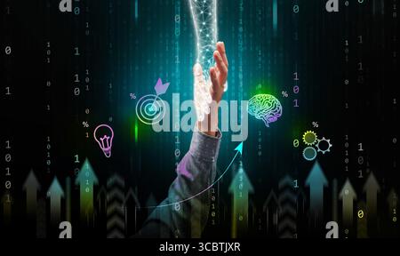 AI empowering human potential concept. Artificial intelligence's hand pulls a man's hand up to  help people grow, improve and achieve greater success Stock Photo