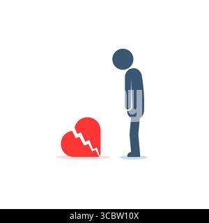 sad stick figure near broken heart Stock Vector