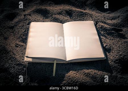 Vignetting Photo of Opened Blank Book on Ground closeup Stock Photo