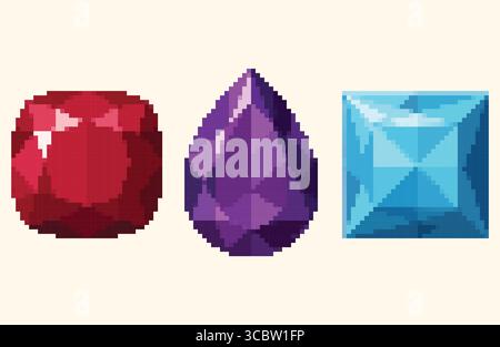 Pixel art illustration of three faceted gemstones in red cushion, purple pear, and light blue square cuts. Stock Vector