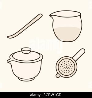 Black line illustration of traditional tea utensils including a scoop, cup, lidded bowl, and handled tea strainer. Stock Vector