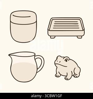 Simple outlined collection featuring a cup, toaster, pitcher, and small guinea pig on a light cream background. Stock Vector