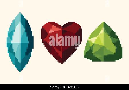 Pixel art illustration of three colorful faceted gems in blue marquise, red heart, and green triangular shapes. Stock Vector