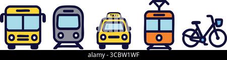 Horizontal row of front view urban transit vehicles, a large city bus, compact shuttle, single metro car, and a modern tram. Stock Vector