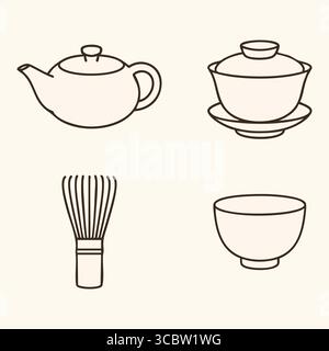 Elegant outline depiction of traditional teaware, classic teapot, lidded gaiwan, bamboo whisk, and tea bowl on a light card. Stock Vector