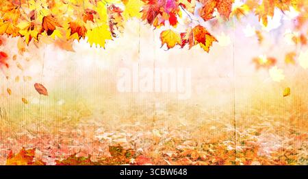 textured old paper Autumn leaves background with copy space. Stock Photo