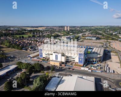 Leeds, West Yorkshire, UK. 9th August 2025. Aerial view of Elland Road Stadium, home of Leeds United Football Club, ahead of their pre-season friendly against AC Milan in Dublin this afternoon. Credit: BradleyTaylor /Alamy Live News Stock Photo