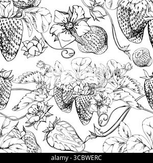 Strawberry berries growing with leaves tendrils flowers hand drawn in vector ink, ripe forest garden harvest. Isolated seamless pattern. Grocery Stock Vector