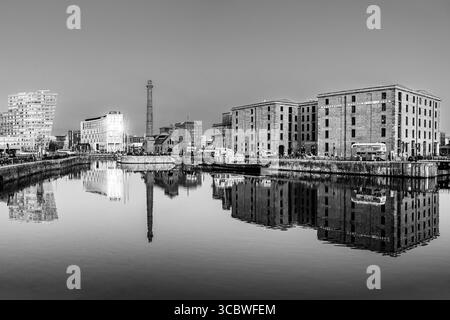 Liverpool, Lancashire, England, UK - March 2022: Royal Albert Docks located in the Waterfront Pier Head Promenade of Liverpool in black and white Stock Photo