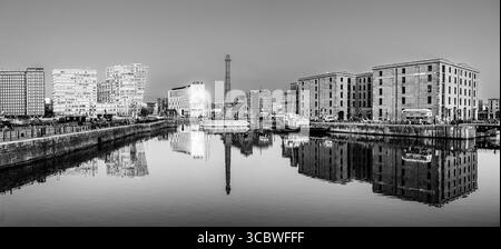Liverpool, Lancashire, England, UK - March 2022: Royal Albert Docks located in the Waterfront Pier Head Promenade of Liverpool in black and white Stock Photo