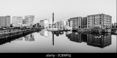Liverpool, Lancashire, England, UK - March 2022: Royal Albert Docks located in the Waterfront Pier Head Promenade of Liverpool in black and white Stock Photo