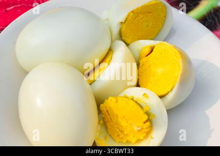 Boiled chicken eggs in the dish, Nutritious food for the body Stock Photo