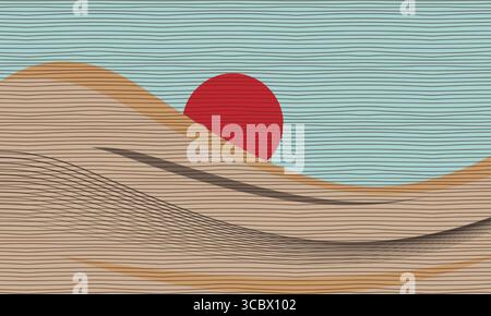 Mountain hill and texture background, Japanese landscape, line art, wavy, curve pattern abstract template, red sun wallpaper design. Vector Stock Vector