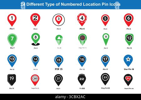 Solid colour Location Pin Icons 1 to 24, Map Marker Number Vector Set Stock Vector
