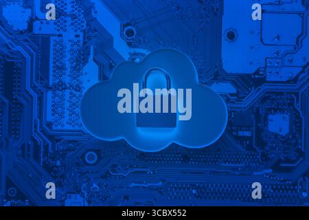 Padlock on cloud and computer motherboard. Internet data privacy information cloud computing security concept Stock Photo