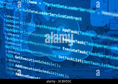 Padlock on cloud and computer motherboard with Coding programmer language script text. Internet data privacy information cloud computing security conc Stock Photo