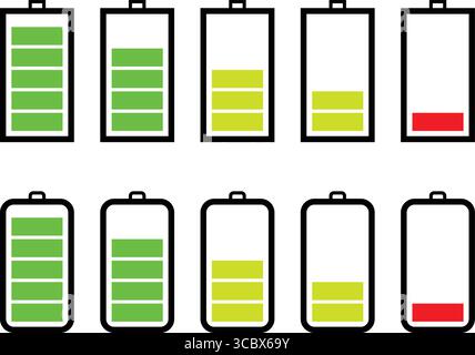 set of battery status indicators. Battery charge level icons vector illustration. Stock Vector