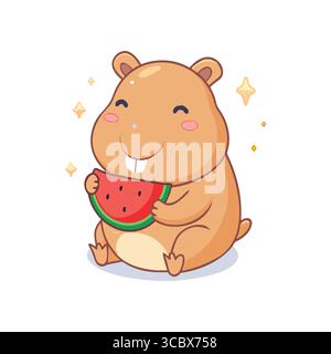 ute Cartoon Capybara Enjoying Watermelon Stock Vector