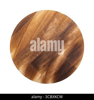 Round wooden bamboo cutting board for pizza isolated on white background. Mockup for food project Stock Photo