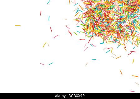 Sprinkle background. Colorful sprinklers. Decoration for cake, donut, bakery. Candy topping background isolated on white background. Stock Photo