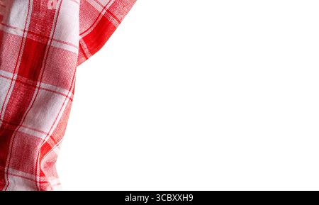 Red checkered tablecloth or kitchen towel isolated on white background. Free space for your text. Stock Photo