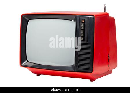 Old vintage red TV set television isolated on white background. Stock Photo