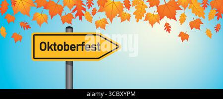 oktoberfest sign on blue sky background with autumn leaves vector illustration Stock Vector
