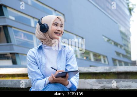 A woman wearing a head scarf is sitting on a bench with a tablet in her lap. She is smiling and she is enjoying her time Stock Photo