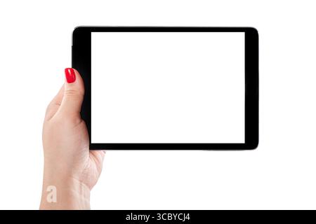Female hand with red nail holding a tablet with empty blank screen isolated on white background Stock Photo