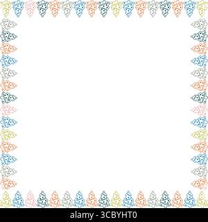 Colorful snowy pine tree frame. Festive greeting template with Christmas tree elements. Bright border Stock Vector