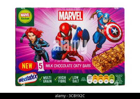 Box of Marvel Milk Chocolate Oaty bars isolated on white background -mixed cereal and milk chocolate bar with a milk chocolate drizzle Stock Photo