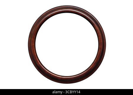 Vintage old retro wooden round frame isolated on white. Stock Photo
