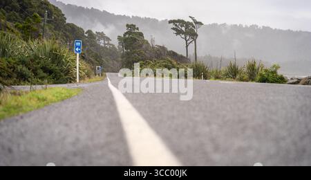 Low perspective shot of the empty road leading through coastal region with rainforests, New Zealand Stock Photo