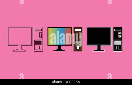 Flat Style Desktop Computers and Monitors on Bright Pink Background Stock Vector