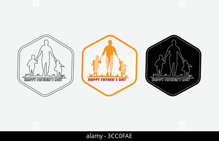 Father's Day Illustrations of a Dad with His Children in Outline, Color, and Silhouette Styles Stock Vector
