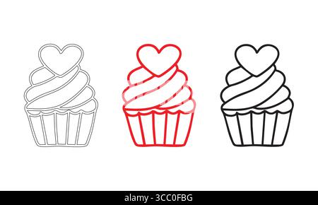 Heart-Topped Cupcake Icons in Three Styles. Stock Vector