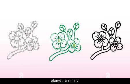 Floral Outlines Featuring Cherry Blossom Variations in Black, Green, and Monochrome Designs Stock Vector