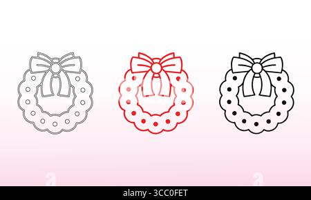 Festive Holiday Wreath With Decorative Bow in Red and Black Outlines Stock Vector