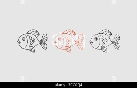 Three Different Line Art Fish Illustrations in Black and Orange Tones Stock Vector
