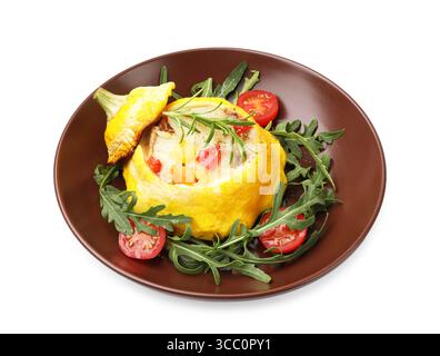 Tasty stuffed pattypan squash with tomatoes and arugula isolated on white Stock Photo